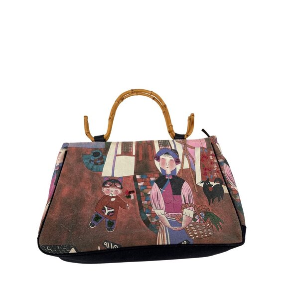 Chico's Handbag Satchel Purse with Bamboo Handles Wu Chi Yong Artwork - Picture 2 of 3